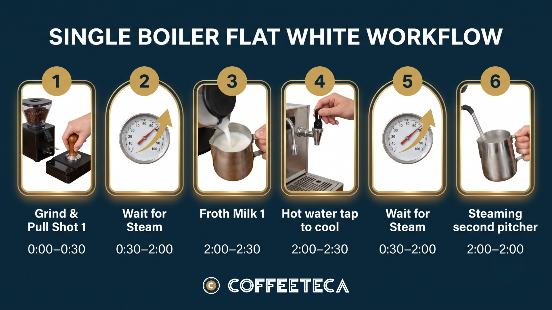 Workflow timeline showing the sequential process of making two flat whites on a single boiler espresso machine