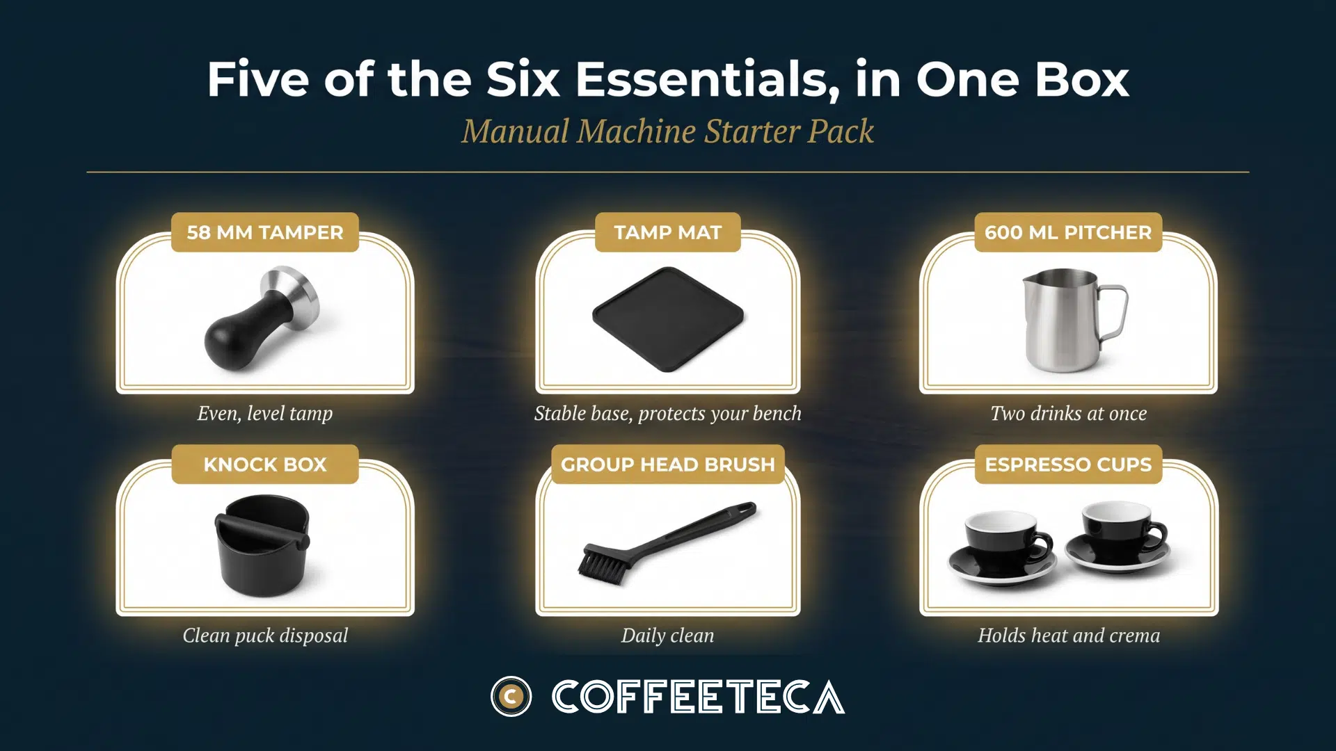 Coffeeteca Manual Machine Starter Pack with tamper, tamp mat, milk pitcher, knock box and espresso cups